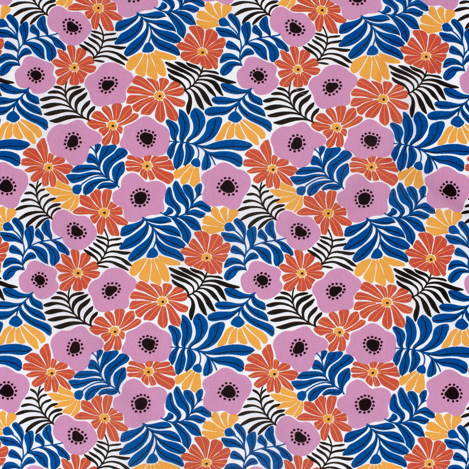 Popeline fleurs roses et cobalt